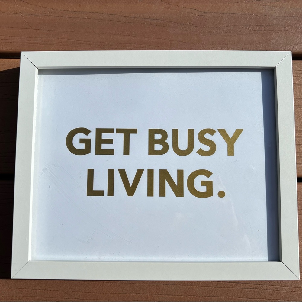 9x11” framed ‘get busy living’ saying in gold font.